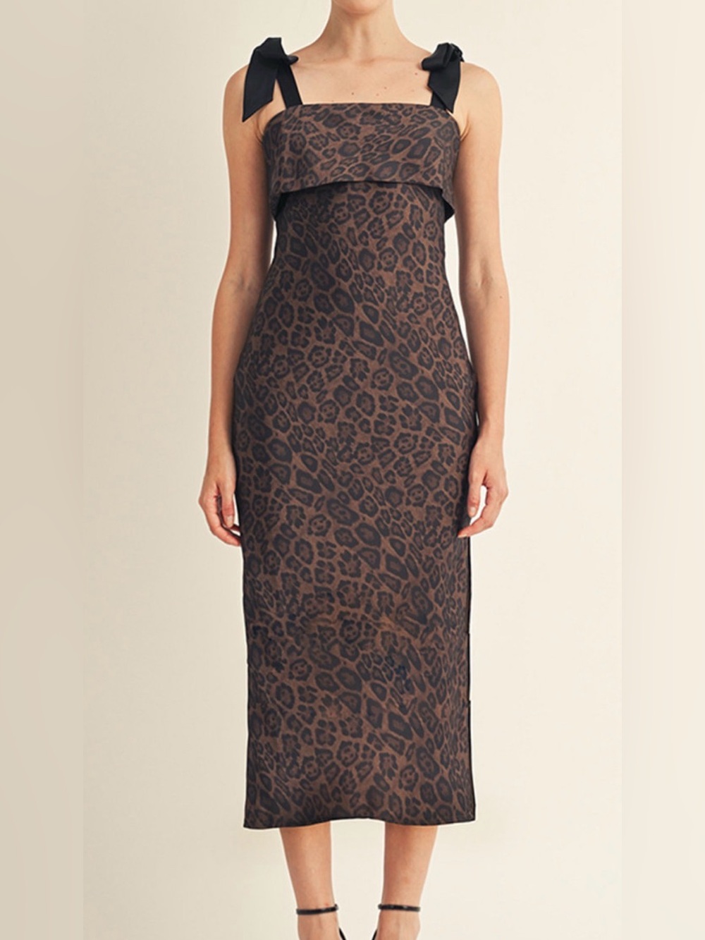 Leopard Print Tie-Shoulder Midi Dress in Brown Size M